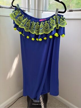 Lilly Pulitzer Royal Blue Off-Shoulder Dress with Neon Lime Trim